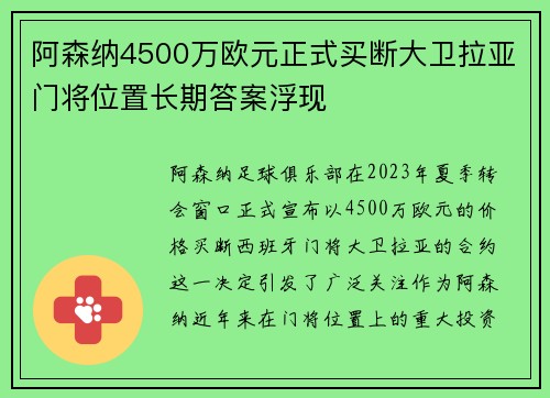 阿森纳4500万欧元正式买断大卫拉亚门将位置长期答案浮现 阿森纳4500万欧元正式买断大卫拉亚门将位置长期答案浮现